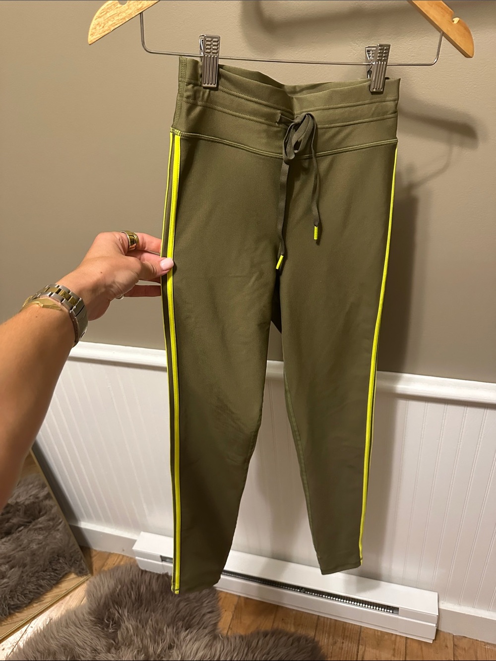 The Upside Olive Green Leggings with Neon Yellow Side Stripe